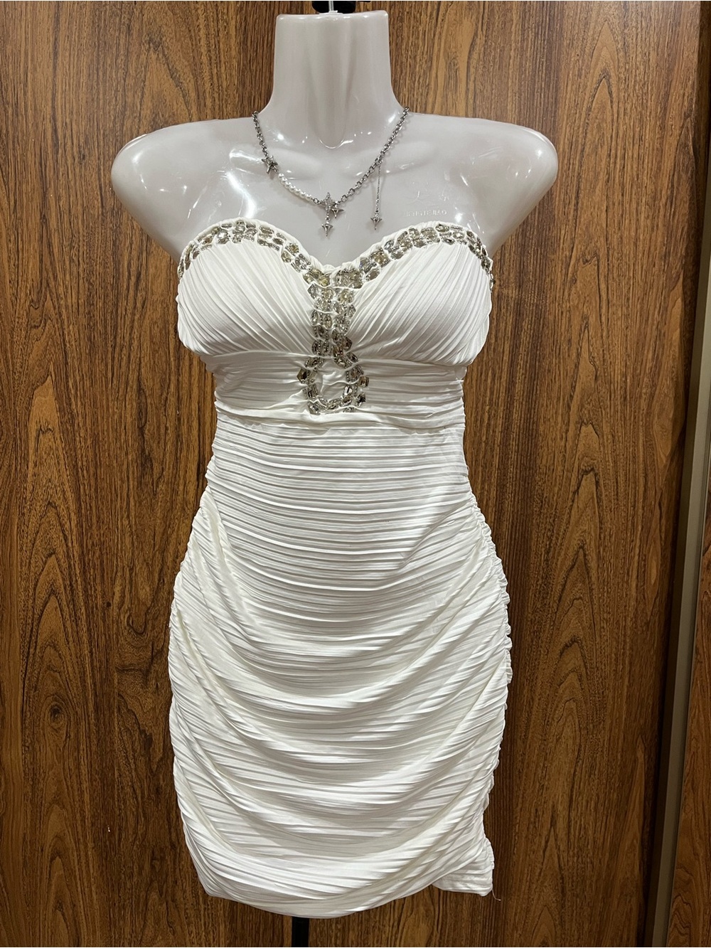 Strapless White Ruched Cocktail Dress with Crystal Trim